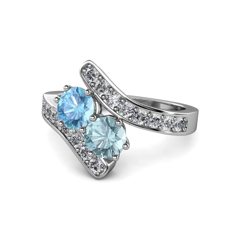 Eleni Blue Topaz and Aquamarine with Side Diamonds Bypass Ring 