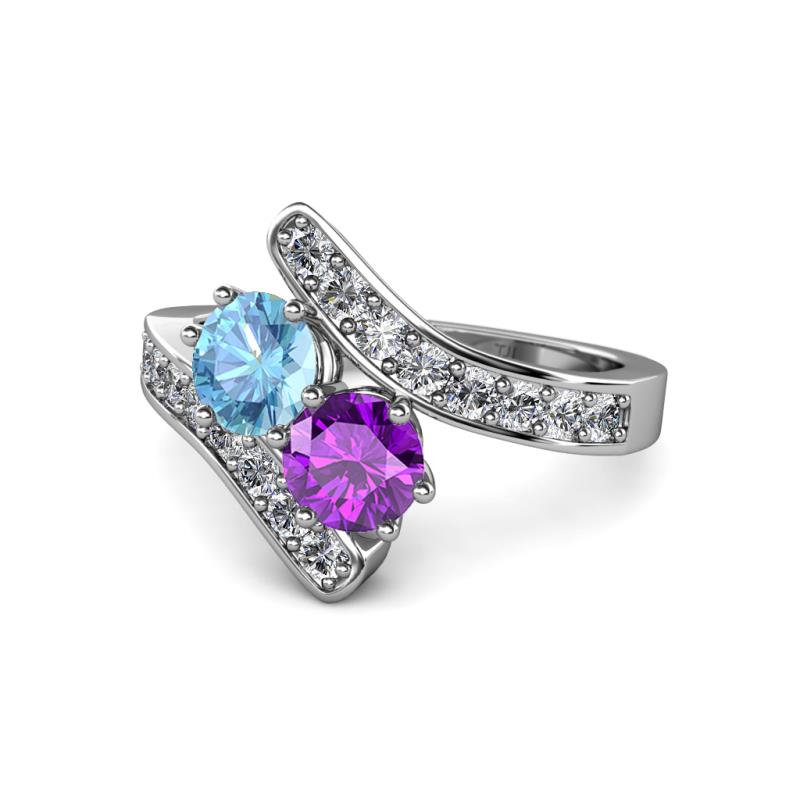 Eleni Blue Topaz and Amethyst with Side Diamonds Bypass Ring 