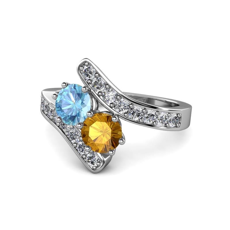 Eleni Blue Topaz and Citrine with Side Diamonds Bypass Ring 