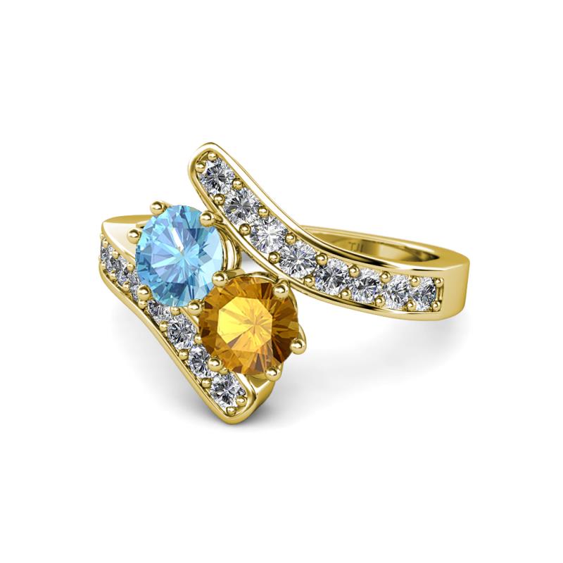 Eleni Blue Topaz and Citrine with Side Diamonds Bypass Ring 