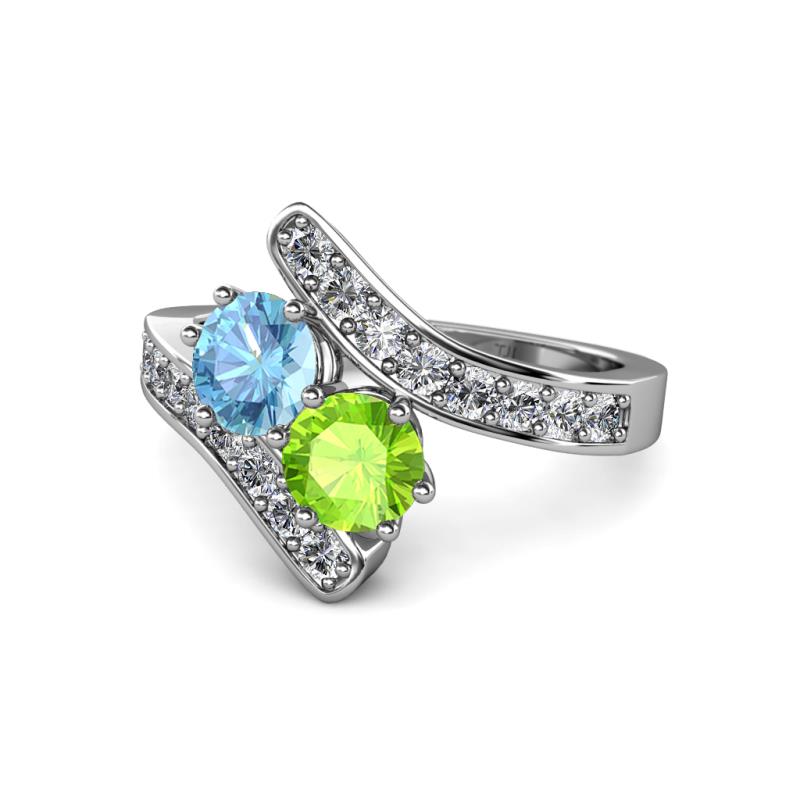Eleni Blue Topaz and Peridot with Side Diamonds Bypass Ring 