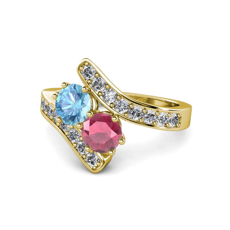 Eleni Blue Topaz and Rhodolite Garnet with Side Diamonds Bypass Ring 