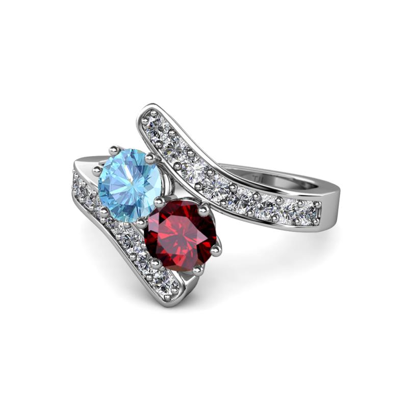 Eleni Blue Topaz and Ruby with Side Diamonds Bypass Ring 