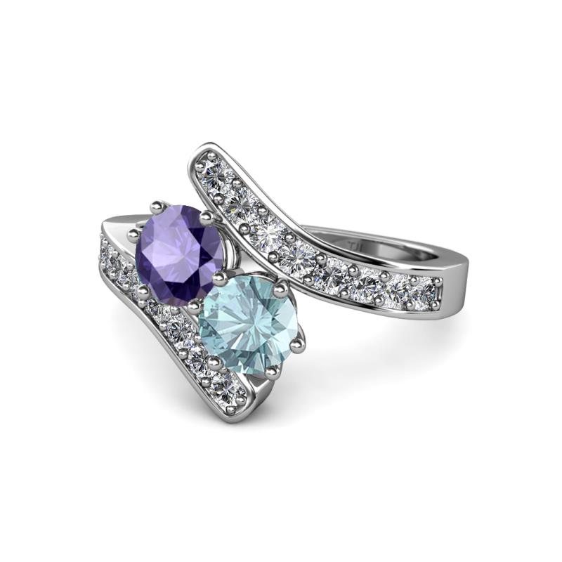 Eleni Iolite and Aquamarine with Side Diamonds Bypass Ring 
