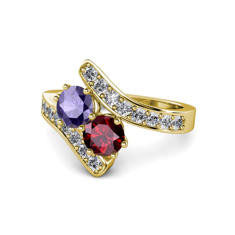 Eleni Iolite and Ruby with Side Diamonds Bypass Ring 
