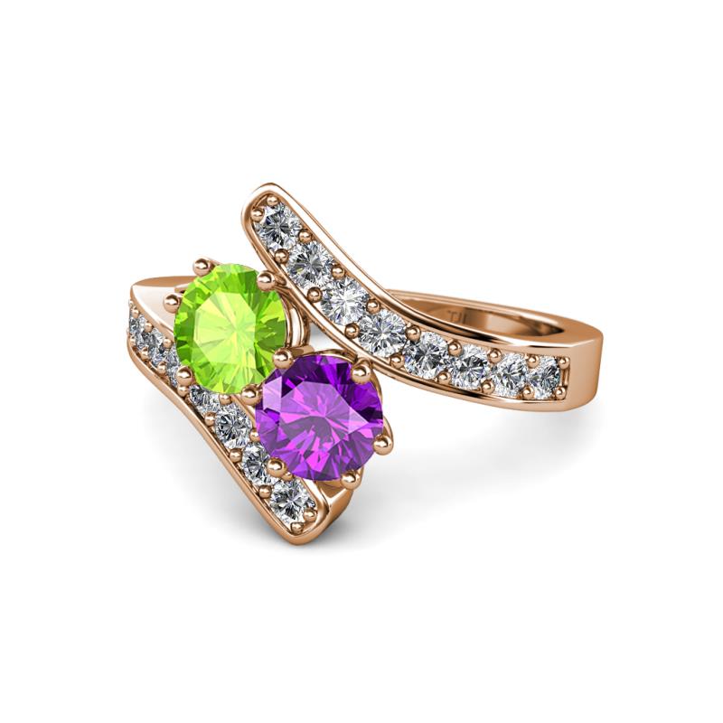 Eleni Peridot and Amethyst with Side Diamonds Bypass Ring 