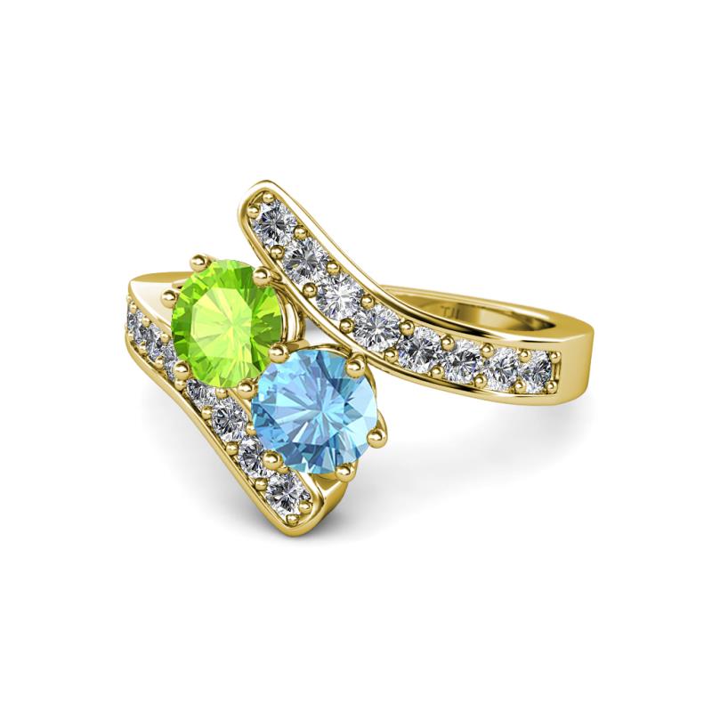 Eleni Peridot and Blue Topaz with Side Diamonds Bypass Ring 