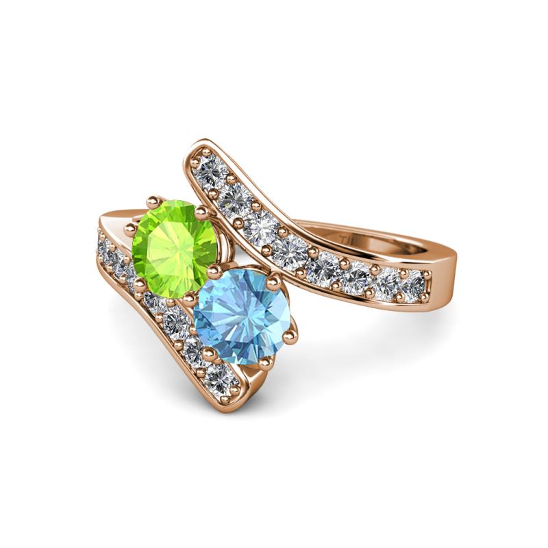 Eleni Peridot and Blue Topaz with Side Diamonds Bypass Ring 