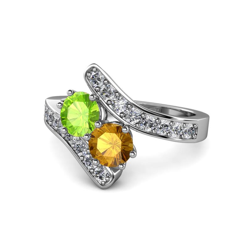 Eleni Peridot and Citrine with Side Diamonds Bypass Ring 