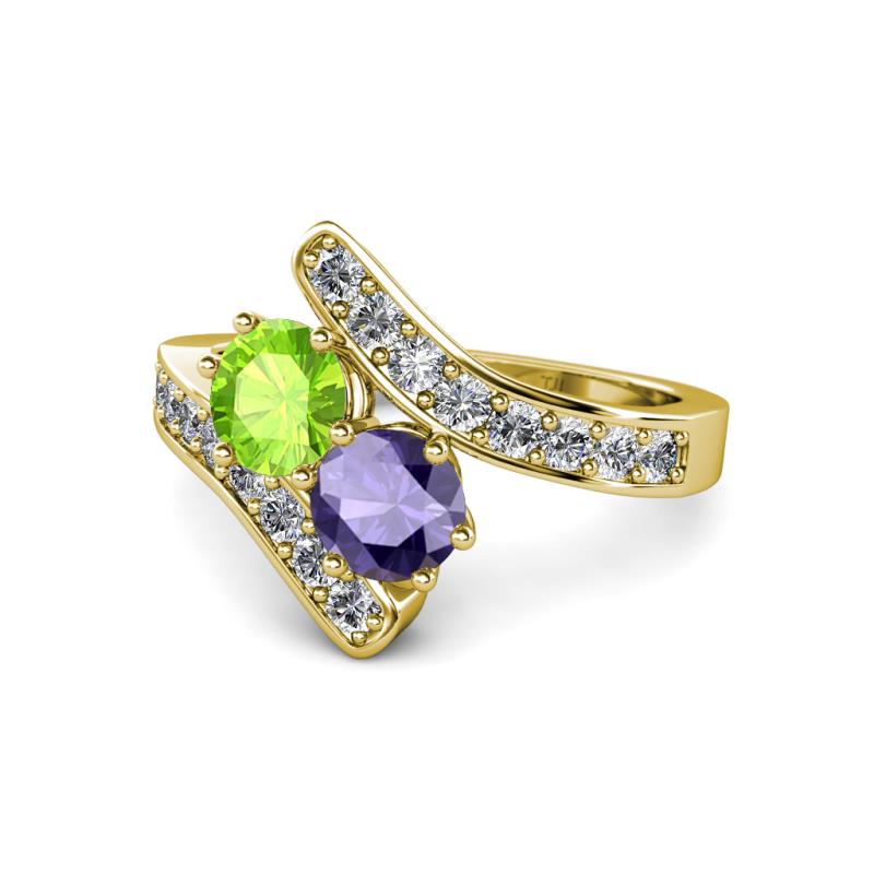 Eleni Peridot and Iolite with Side Diamonds Bypass Ring 