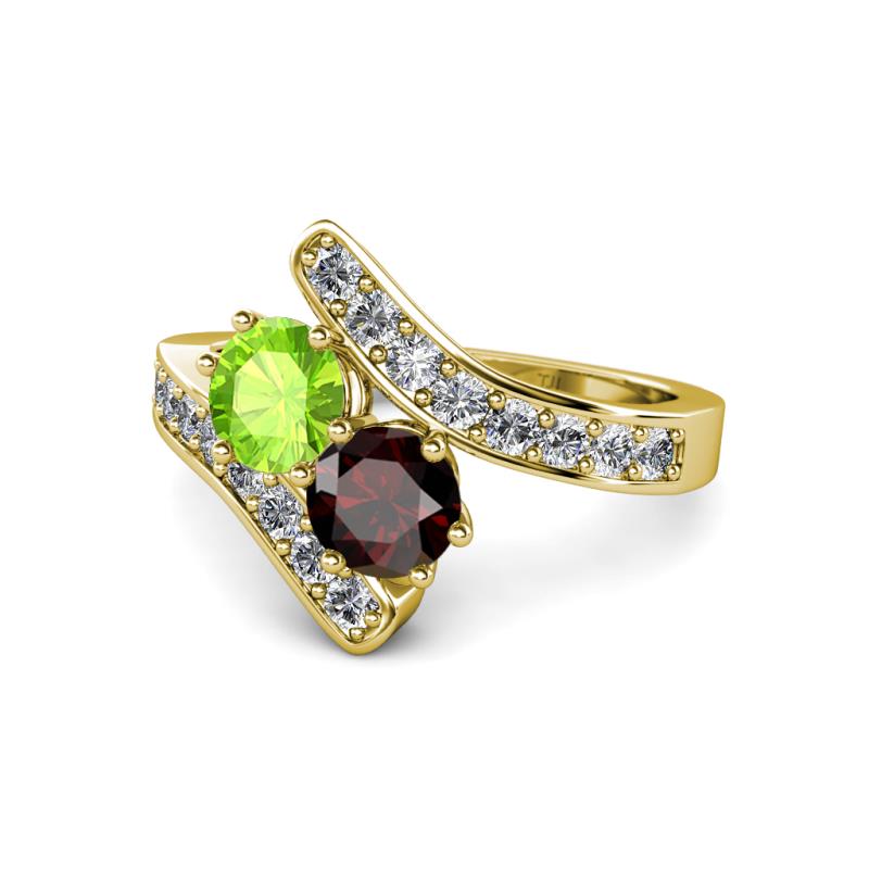 Eleni Peridot and Red Garnet with Side Diamonds Bypass Ring 