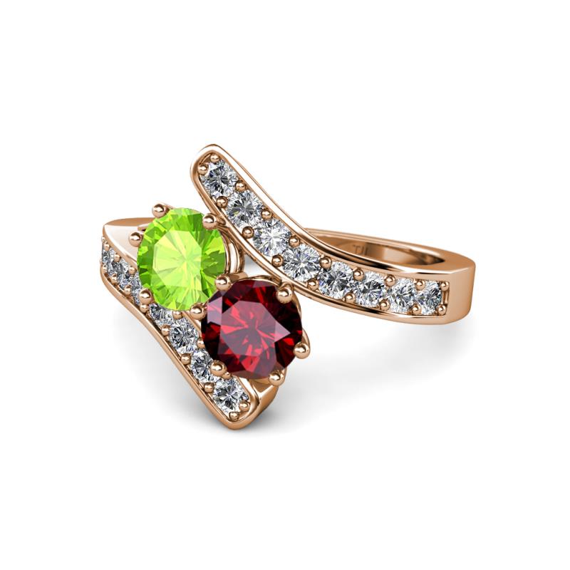 Eleni Peridot and Ruby with Side Diamonds Bypass Ring 