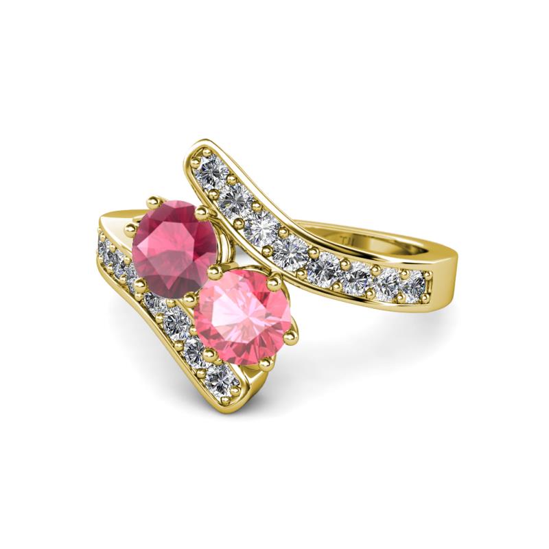 Eleni Rhodolite Garnet and Pink Tourmaline with Side Diamonds Bypass Ring 