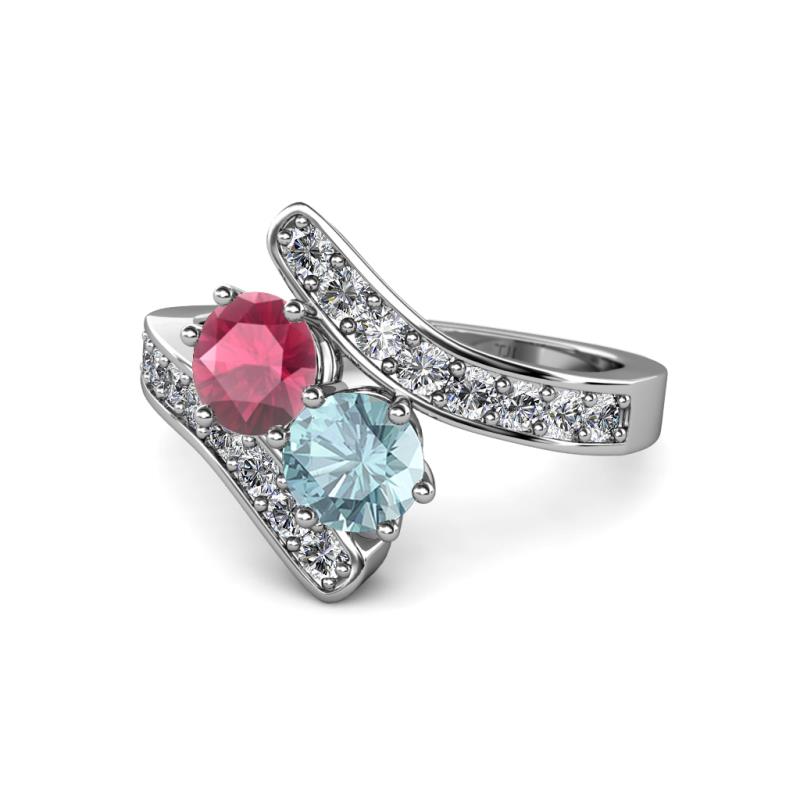 Eleni Rhodolite Garnet and Aquamarine with Side Diamonds Bypass Ring 