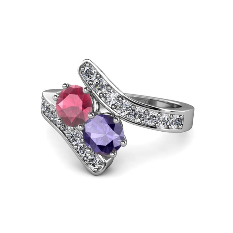 Eleni Rhodolite Garnet and Iolite with Side Diamonds Bypass Ring 