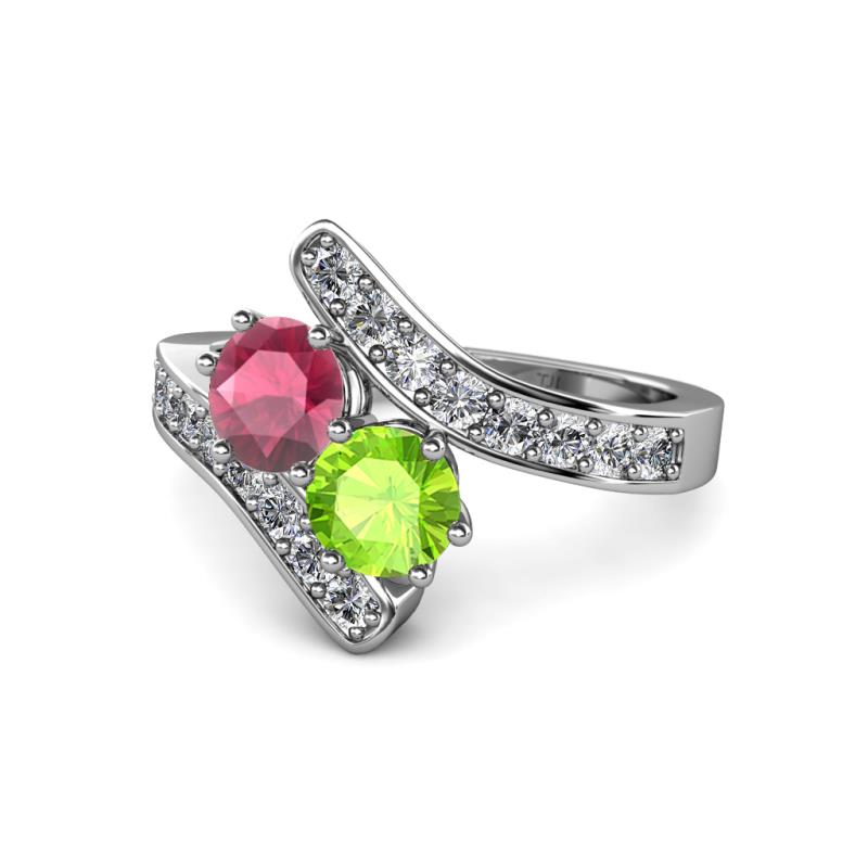 Eleni Rhodolite Garnet and Peridot with Side Diamonds Bypass Ring 