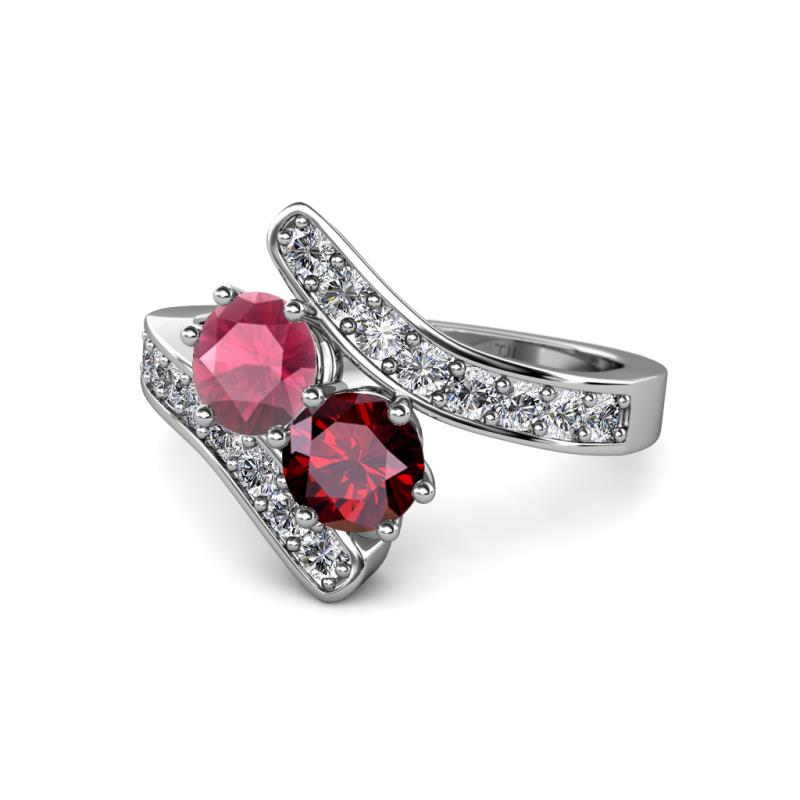Eleni Rhodolite Garnet and Ruby with Side Diamonds Bypass Ring 