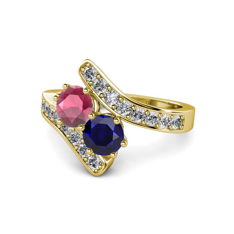 Eleni Rhodolite Garnet and Blue Sapphire with Side Diamonds Bypass Ring 