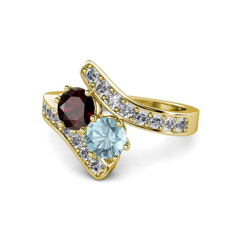 Eleni Red Garnet and Aquamarine with Side Diamonds Bypass Ring 