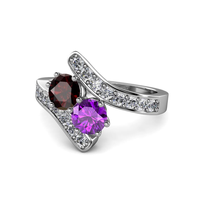 Eleni Red Garnet and Amethyst with Side Diamonds Bypass Ring 