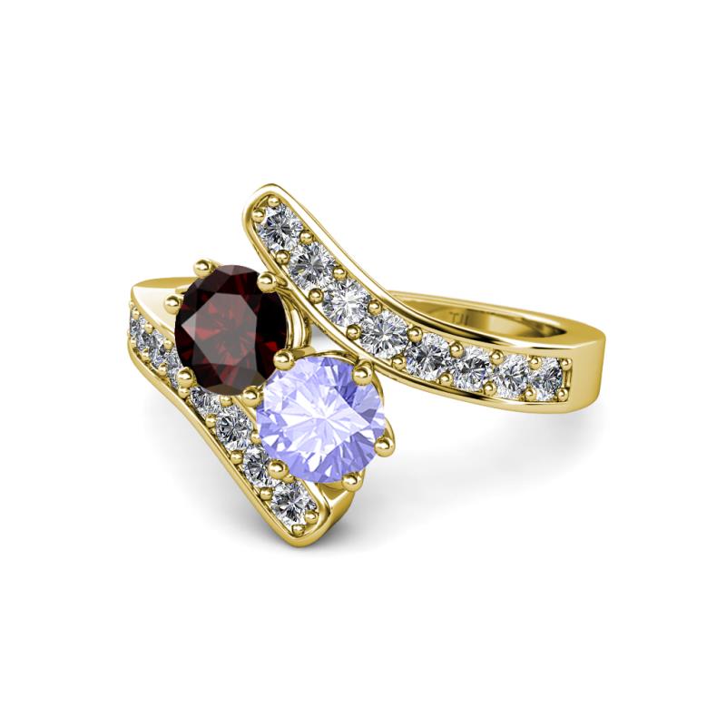 Eleni Red Garnet and Tanzanite with Side Diamonds Bypass Ring 