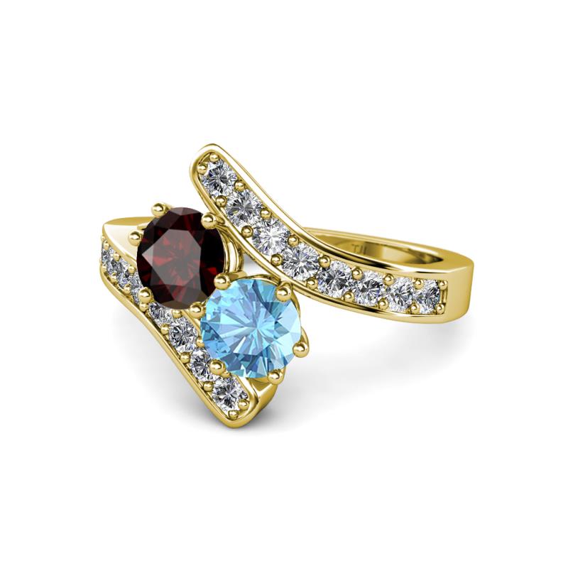 Eleni Red Garnet and Blue Topaz with Side Diamonds Bypass Ring 