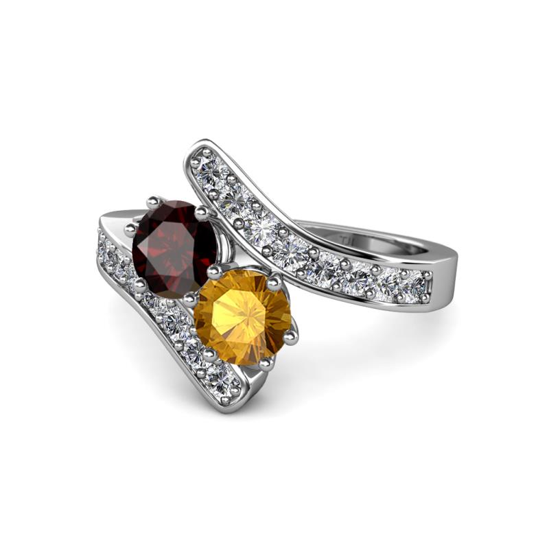 Eleni Red Garnet and Citrine with Side Diamonds Bypass Ring 