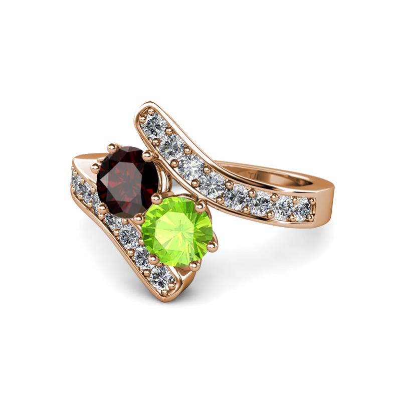 Eleni Red Garnet and Peridot with Side Diamonds Bypass Ring 