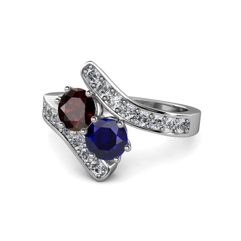 Eleni Red Garnet and Blue Sapphire with Side Diamonds Bypass Ring 