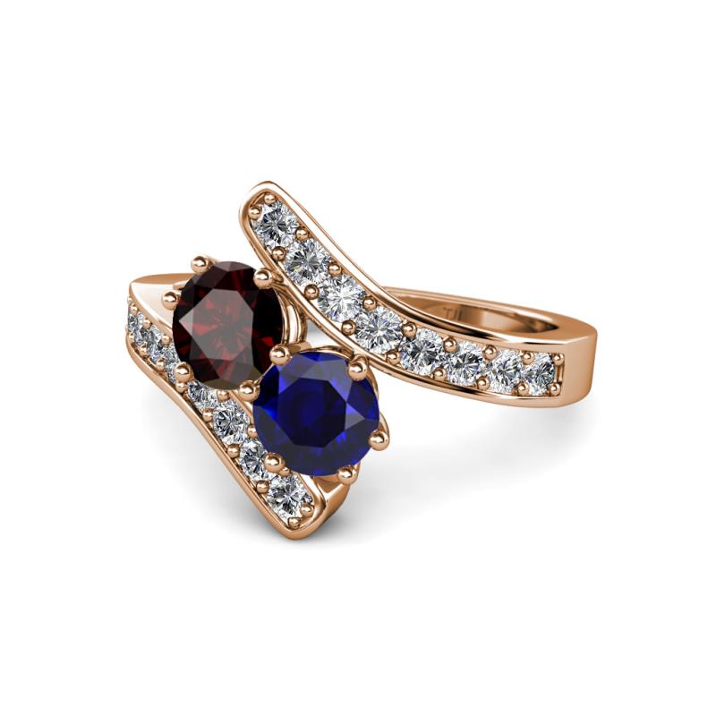 Eleni Red Garnet and Blue Sapphire with Side Diamonds Bypass Ring 