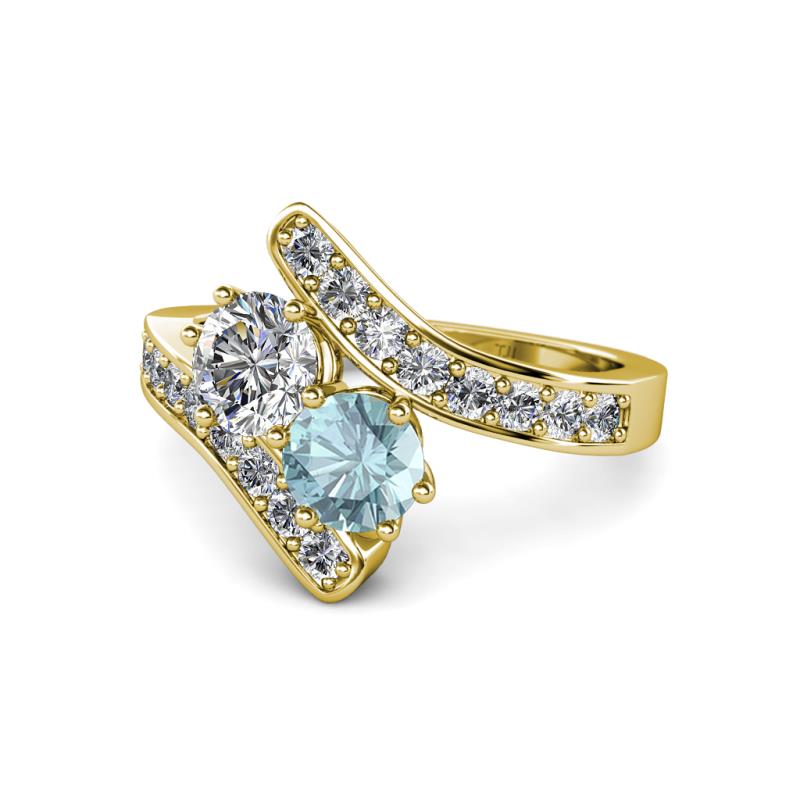 Eleni Diamond and Aquamarine with Side Diamonds Bypass Ring 