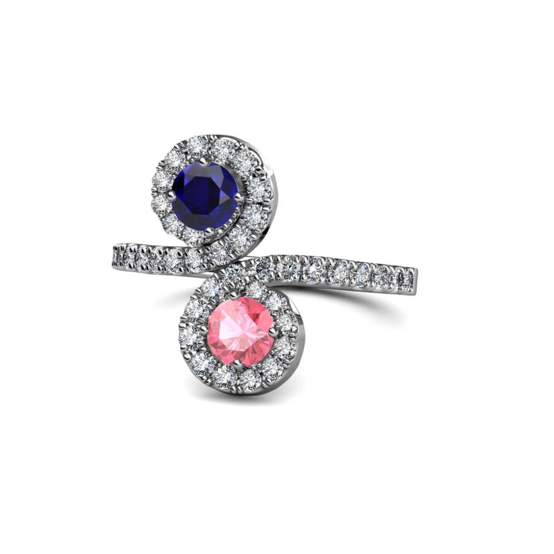 Kevia Blue Sapphire and Pink Tourmaline with Side Diamonds Bypass Ring 