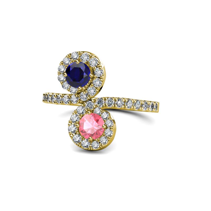 Kevia Blue Sapphire and Pink Tourmaline with Side Diamonds Bypass Ring 