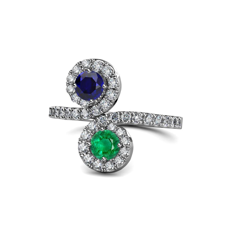 Kevia Blue Sapphire and Emerald with Side Diamonds Bypass Ring 