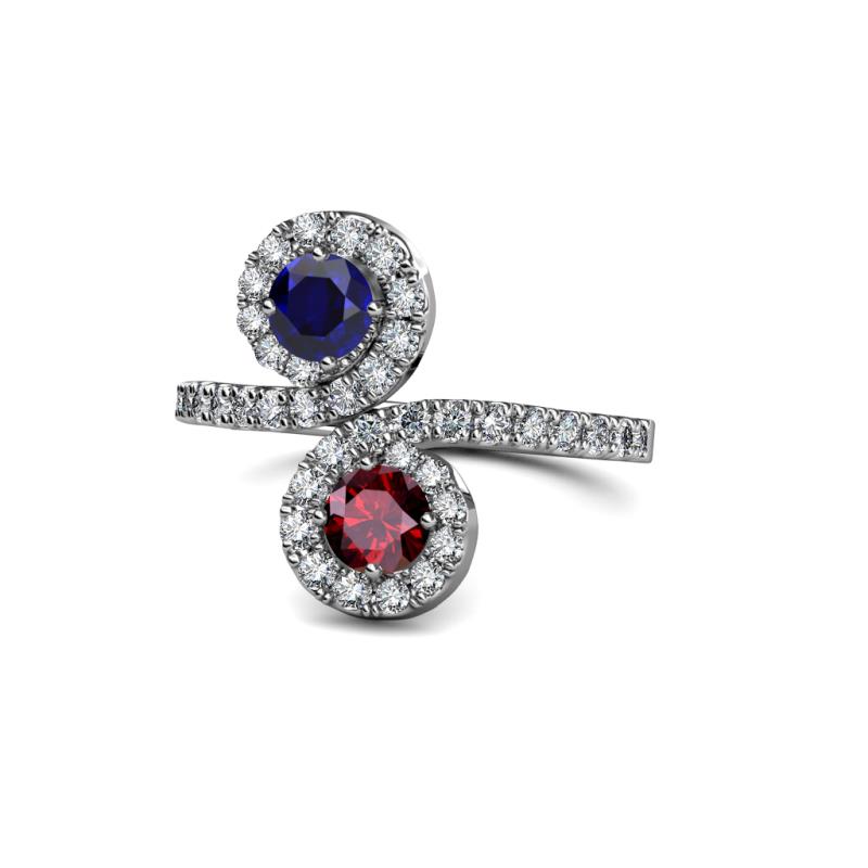 Kevia Blue Sapphire and Ruby with Side Diamonds Bypass Ring 