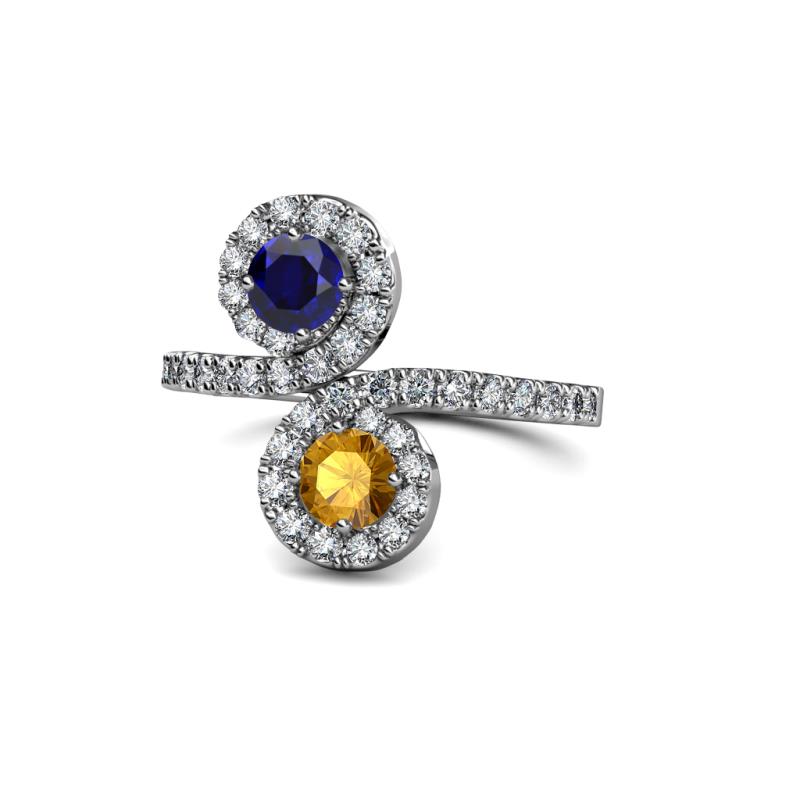 Kevia Blue Sapphire and Citrine with Side Diamonds Bypass Ring 