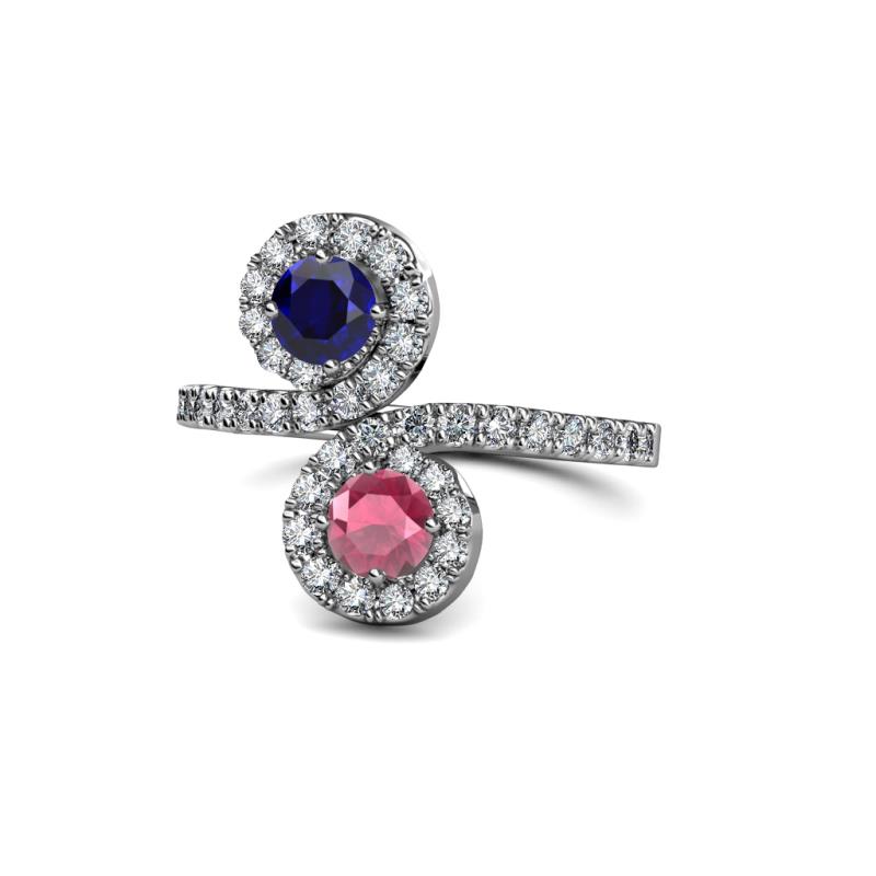 Kevia Blue Sapphire and Rhodolite Garnet with Side Diamonds Bypass Ring 