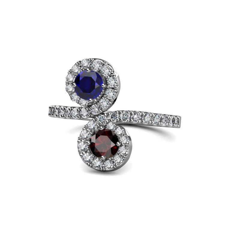 Kevia Blue Sapphire and Red Garnet with Side Diamonds Bypass Ring 