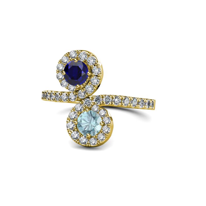 Kevia Blue Sapphire and Aquamarine with Side Diamonds Bypass Ring 