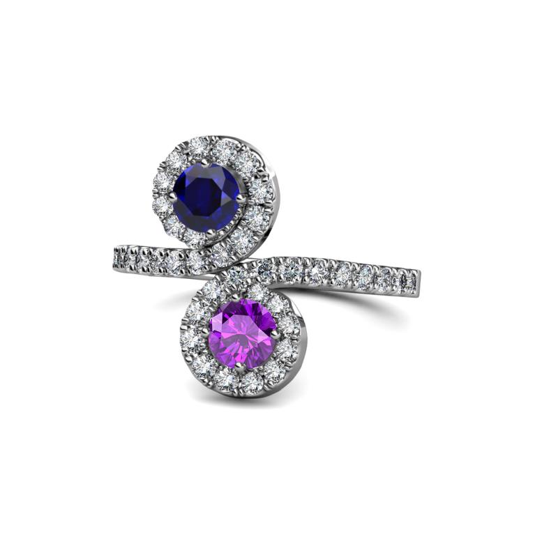 Kevia Blue Sapphire and Amethyst with Side Diamonds Bypass Ring 