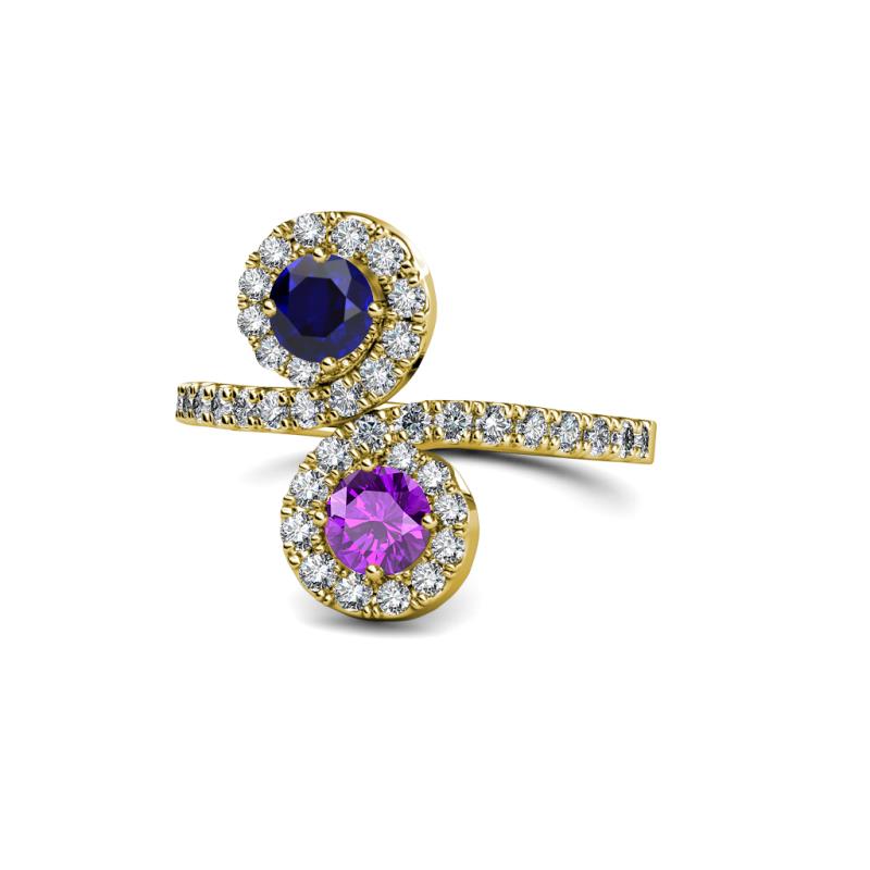 Kevia Blue Sapphire and Amethyst with Side Diamonds Bypass Ring 