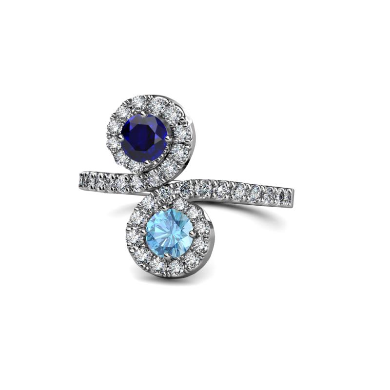 Kevia Blue Sapphire and Blue Topaz with Side Diamonds Bypass Ring 