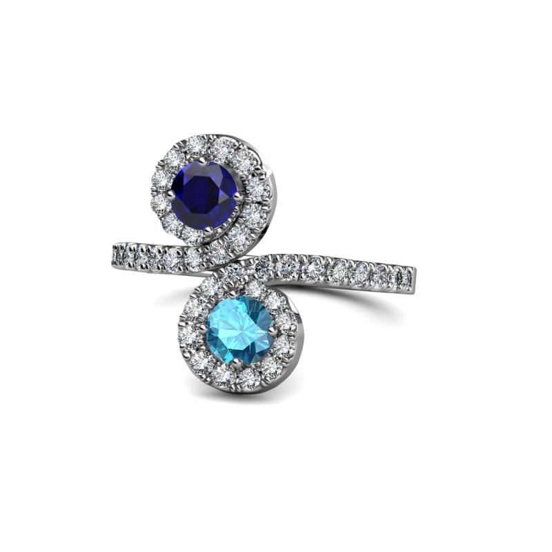 Kevia Blue Sapphire and London Blue Topaz with Side Diamonds Bypass Ring 