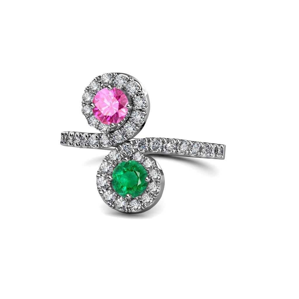 Kevia Pink Sapphire and Emerald with Side Diamonds Bypass Ring 