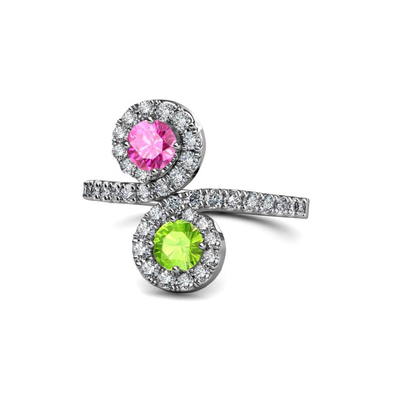 Kevia Pink Sapphire and Peridot with Side Diamonds Bypass Ring 