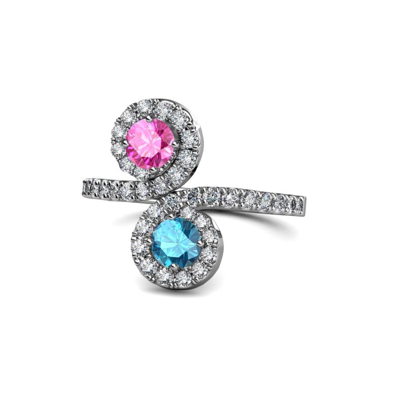 Kevia Pink Sapphire and London Blue Topaz with Side Diamonds Bypass Ring 