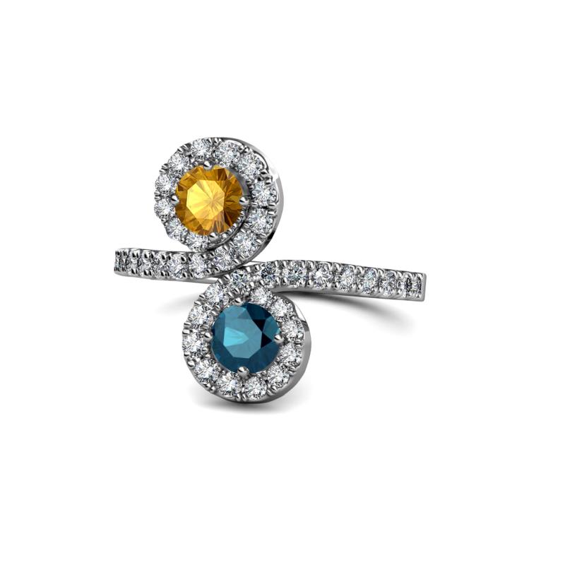 Kevia Citrine and Blue Diamond with Side Diamonds Bypass Ring 