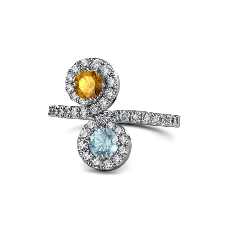Kevia Citrine and Aquamarine with Side Diamonds Bypass Ring 