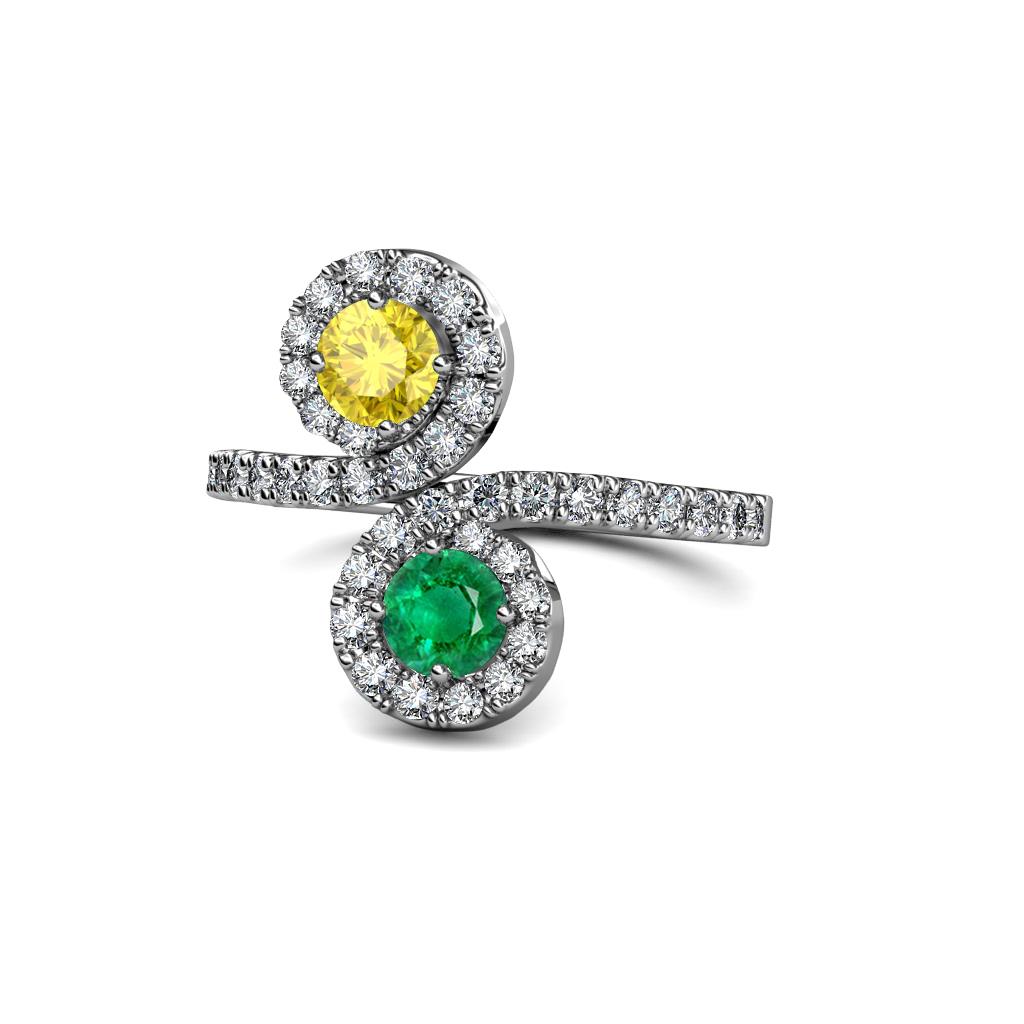 Kevia Yellow Sapphire and Emerald with Side Diamonds Bypass Ring 