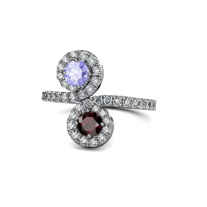 Kevia Tanzanite and Red Garnet with Side Diamonds Bypass Ring 